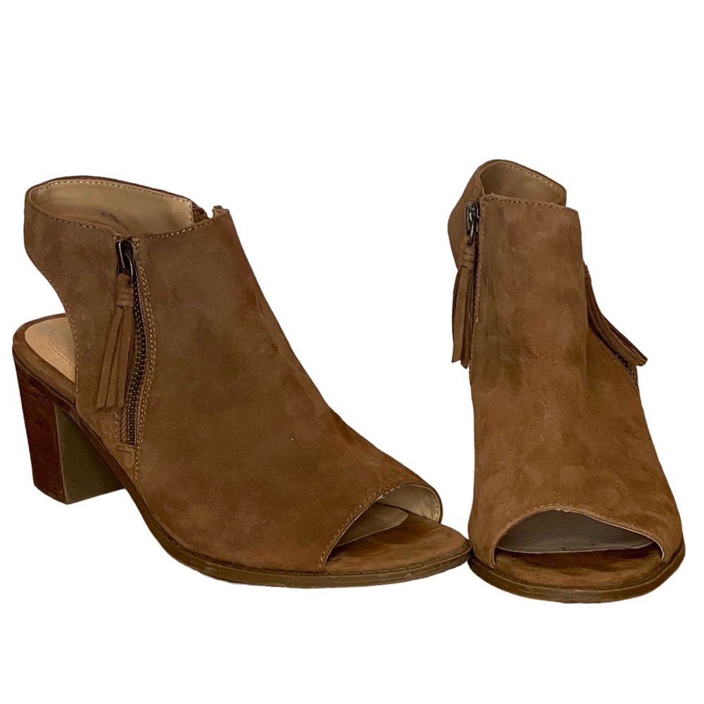 Adam Tucker Brown Suede Open-Toe Block Heel Ankle Booties